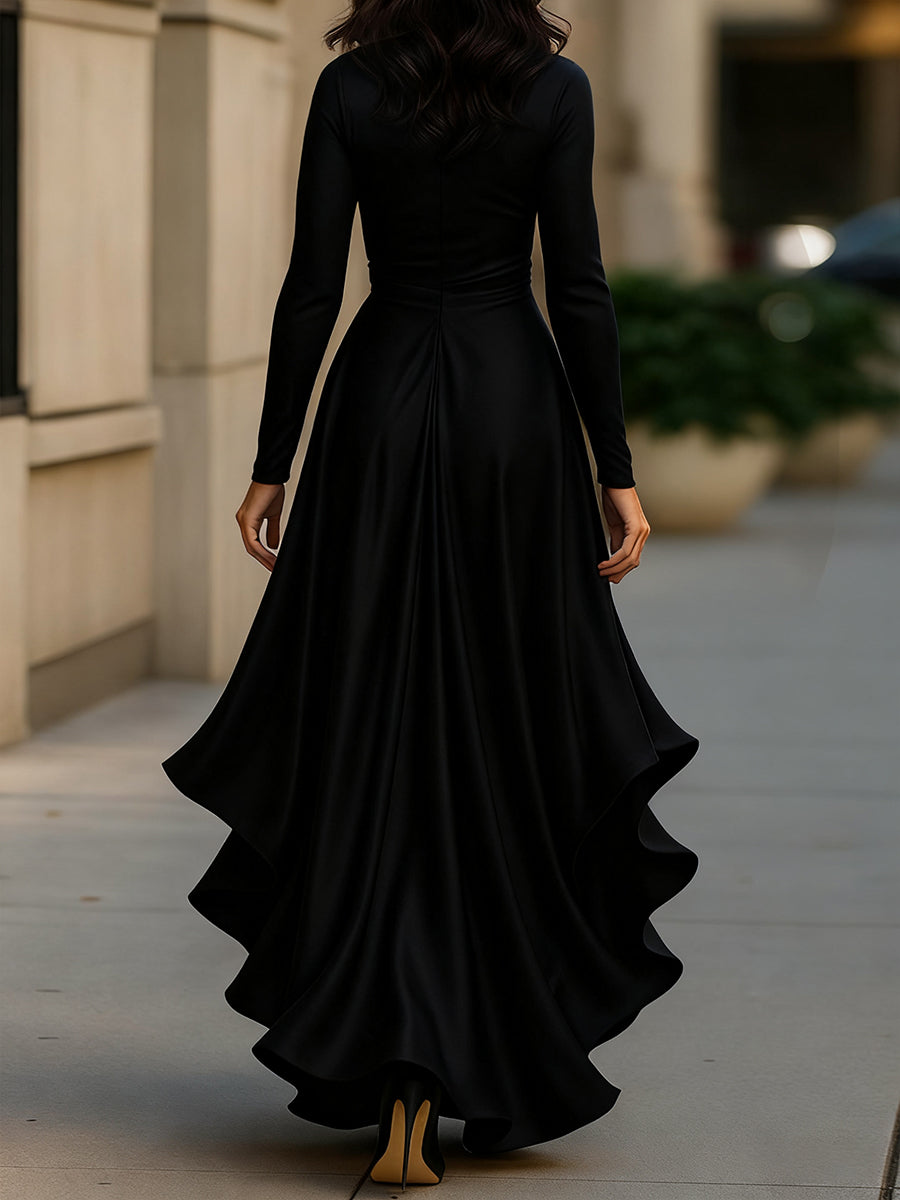Midnight Blue Draped Maxi Dress with Ruffle Hem for women | Evelisse