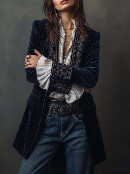 Vintage velvet embroidered longline blazer for women -2