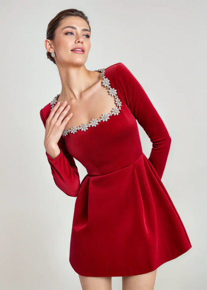 Velvet mini dress with square neckline and flared skirt for women | Willow