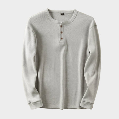 Relaxed fit waffle knit henley long sleeve top for men | Ardin