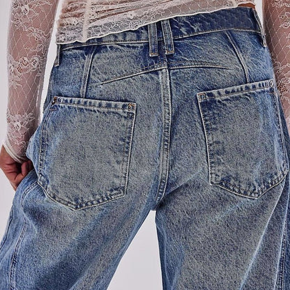 Mid rise barrel leg jeans with sculpted knee darts for women | Elira