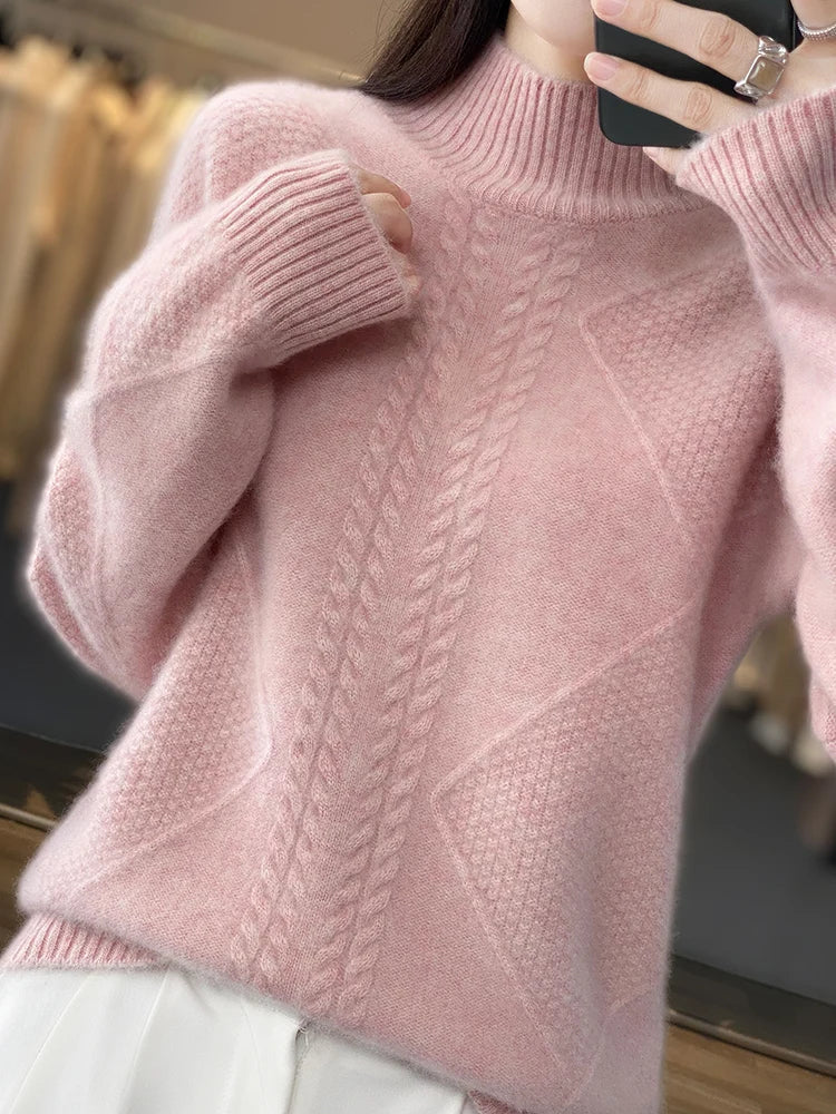 Cable knit turtleneck sweater with refined textured design for women | Ellis