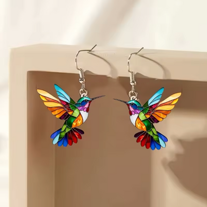 Stained glass hummingbird enamel earrings for women | Aurora Finch