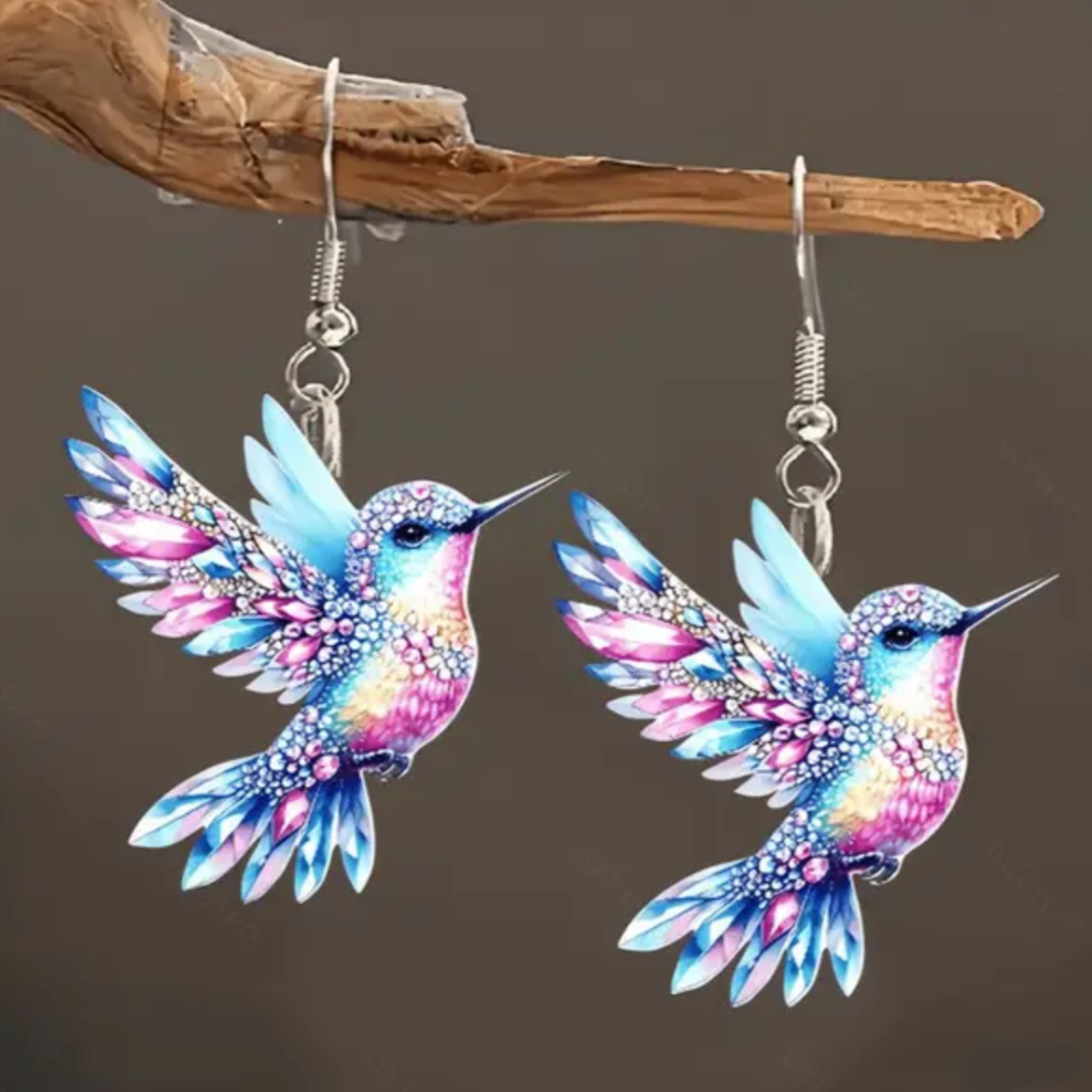 Stained glass hummingbird enamel earrings for women | Aurora Finch