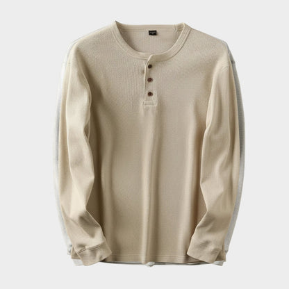 Relaxed fit waffle knit henley long sleeve top for men | Ardin