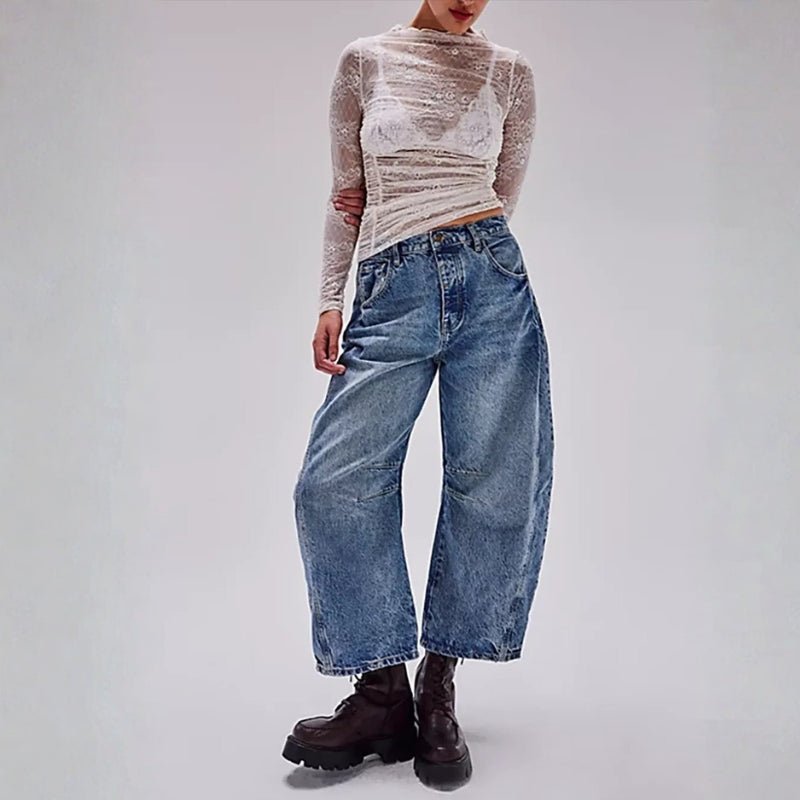 Mid rise barrel leg jeans with sculpted knee darts for women | Elira