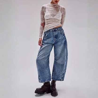 Mid rise barrel leg jeans with sculpted knee darts for women | Elira
