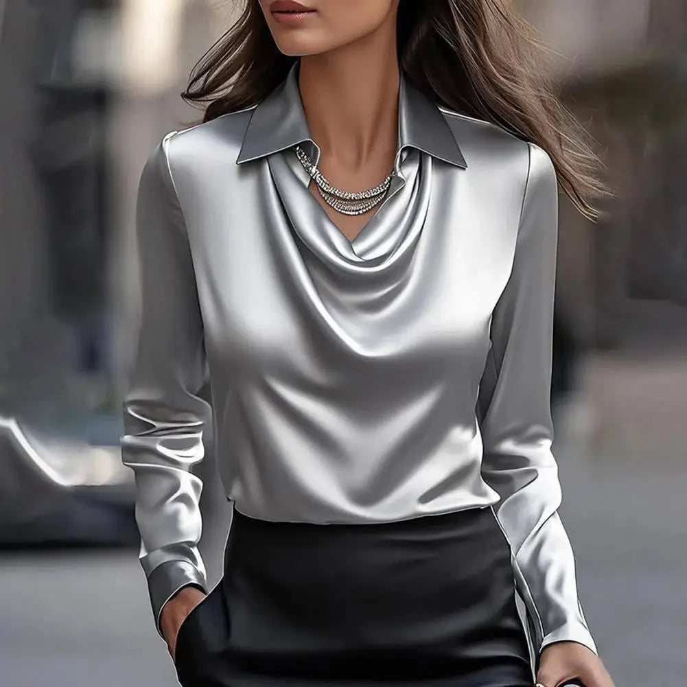 Satin blouse with sculpted cowl neckline and swing collar for women | Muse