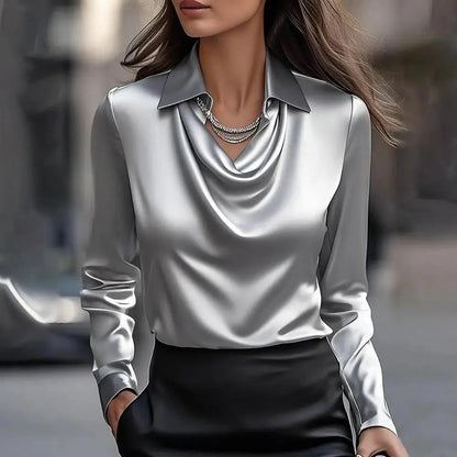 Satin blouse with sculpted cowl neckline and swing collar for women | Muse