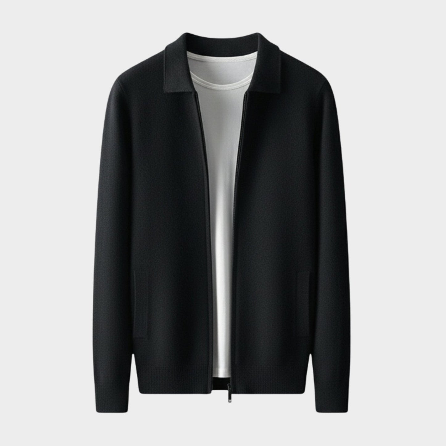 Refined zip up knit jacket with structured collar for men | Valenor