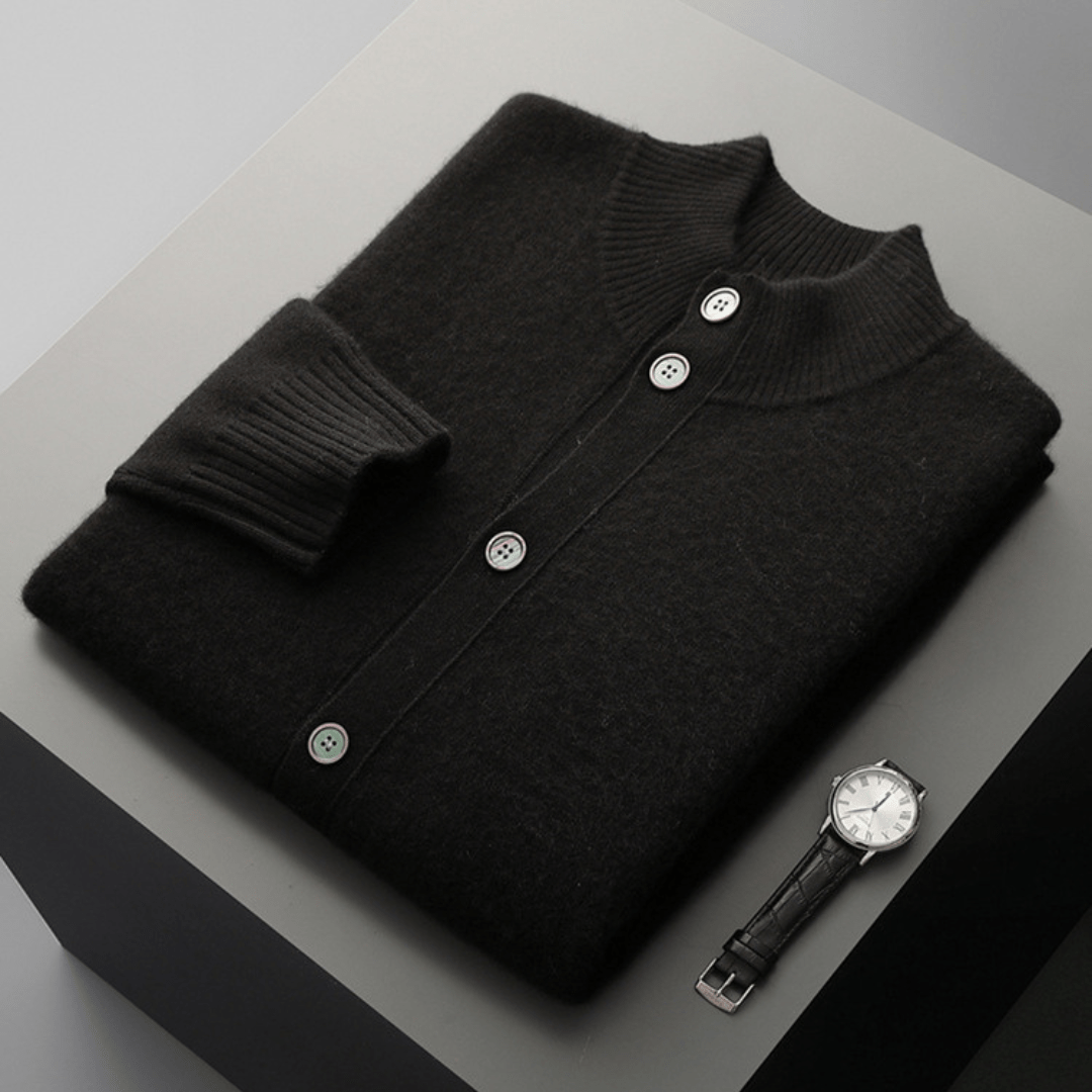 Refined button front knit jacket with ribbed detailing for men | Caelric