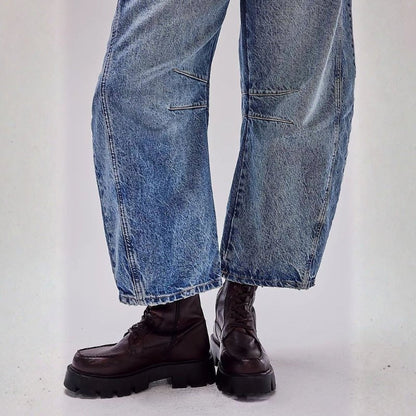 Mid rise barrel leg jeans with sculpted knee darts for women | Elira