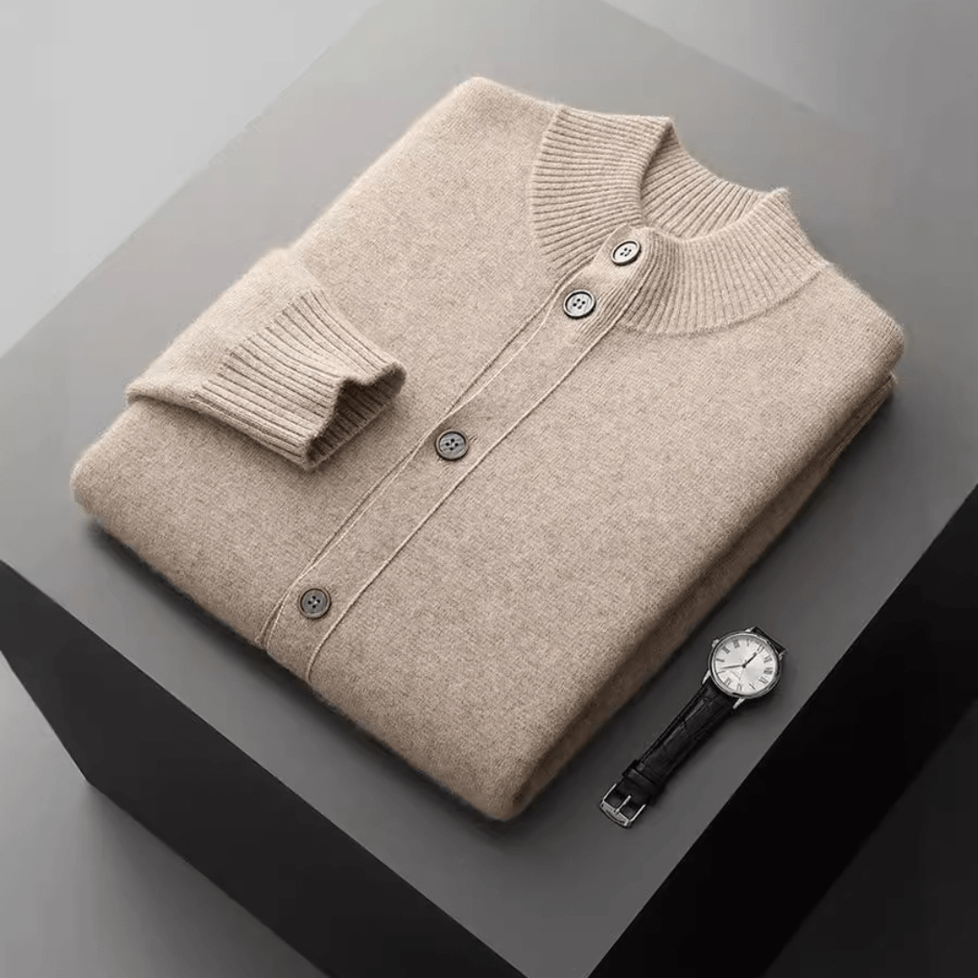Refined button front knit jacket with ribbed detailing for men | Caelric