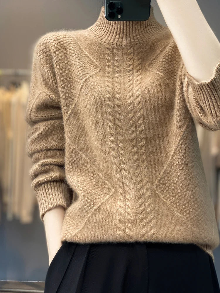 Cable knit turtleneck sweater with refined textured design for women | Ellis