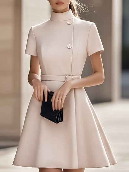 Black High-Neck Dress with Belted Waist for women | Mirevane