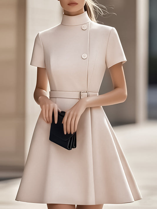 Black High-Neck Dress with Belted Waist for women | Mirevane