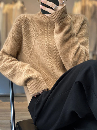 Cable knit turtleneck sweater with refined textured design for women | Ellis