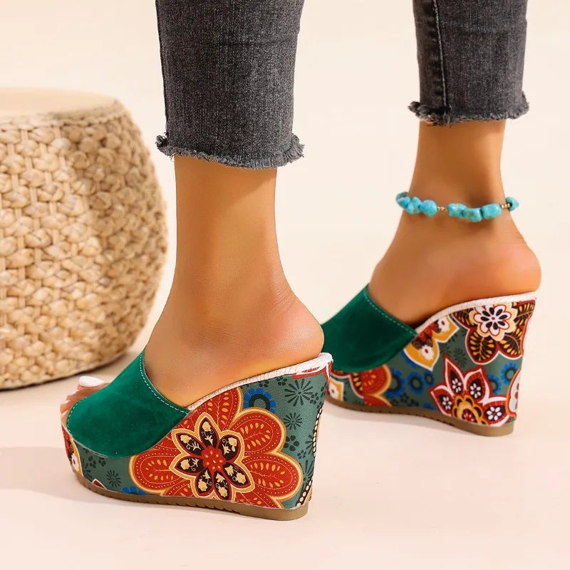 Velvet wedge mule sandal with floral printed heel detail for women | Boheme