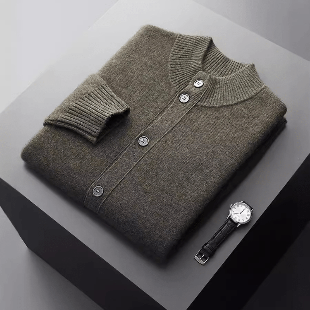 Refined button front knit jacket with ribbed detailing for men | Caelric