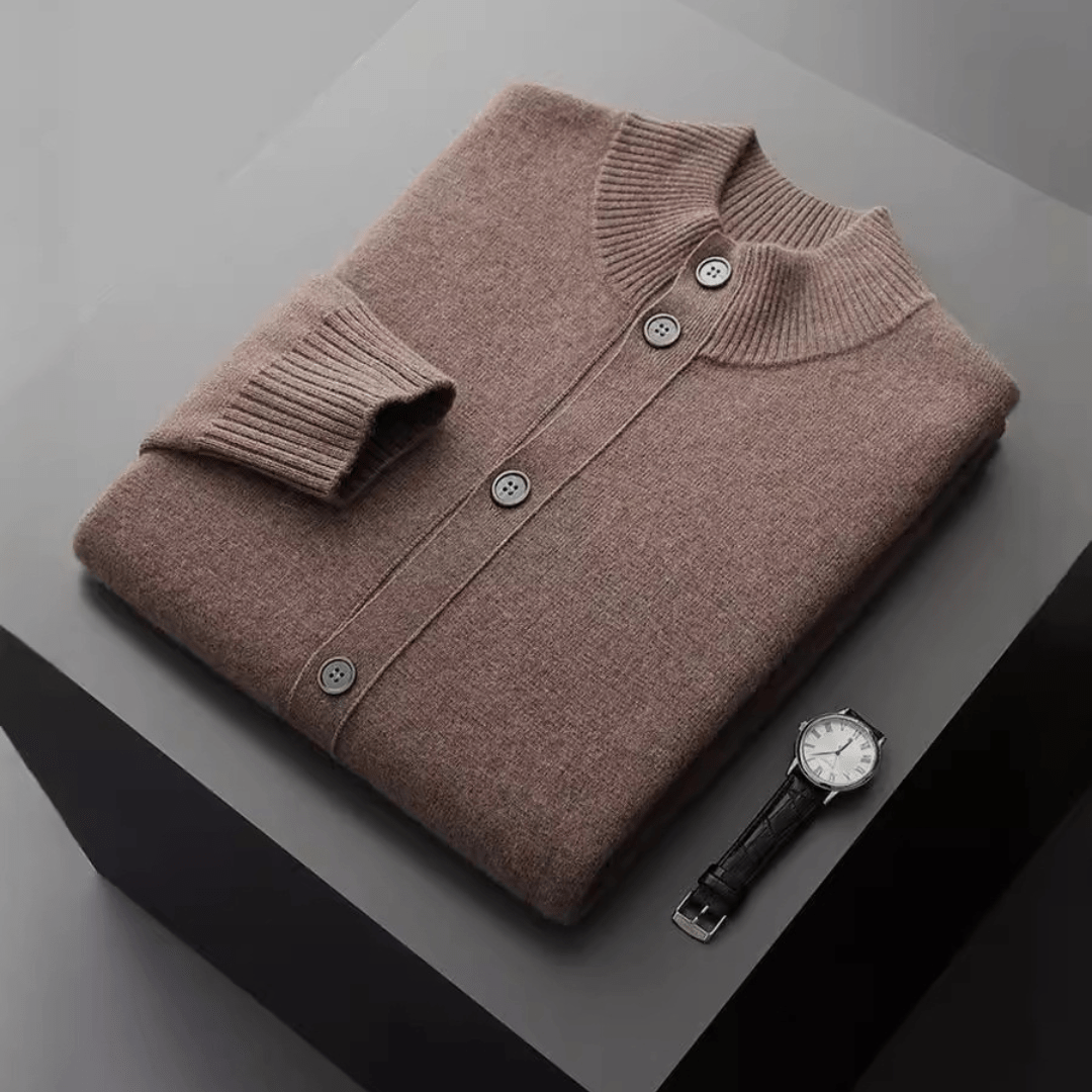 Refined button front knit jacket with ribbed detailing for men | Caelric