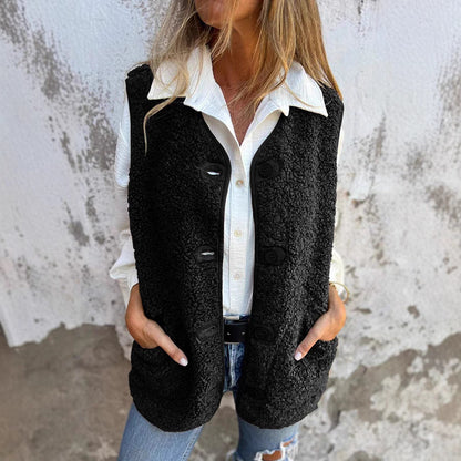 Short button down sleeveless autumn vest with pockets for women | Elowen