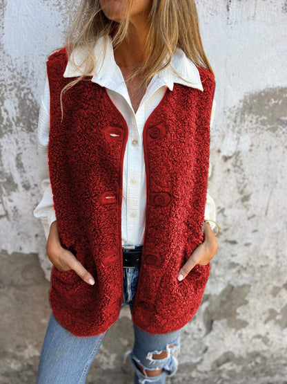 Short button down sleeveless autumn vest with pockets for women | Elowen