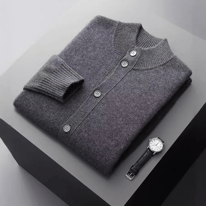 Refined button front knit jacket with ribbed detailing for men | Caelric
