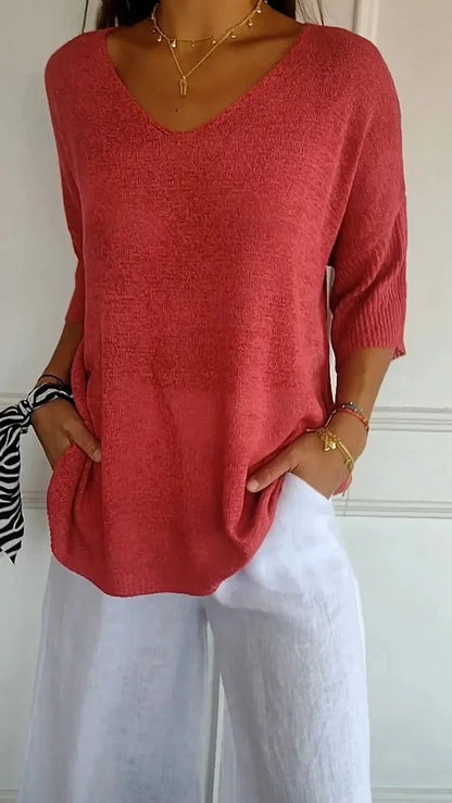 V-neck lightweight knit top with three-quarter sleeves for women | Maren