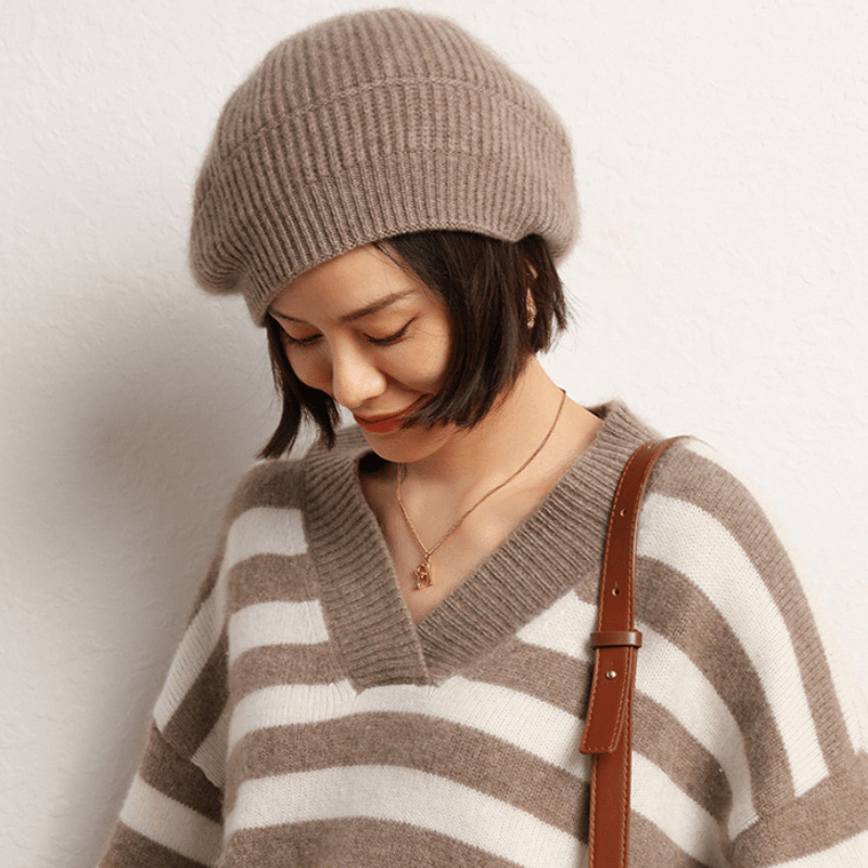Classic ribbed knit beret with lightweight warmth for women | Elowen