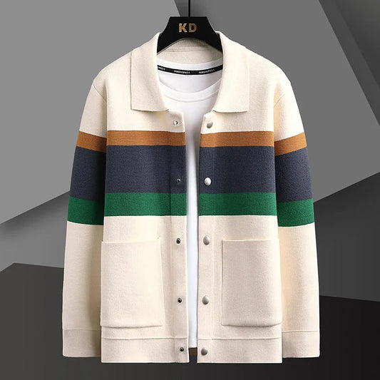 Striped varsity knit jacket with button up front detail for men | Camden
