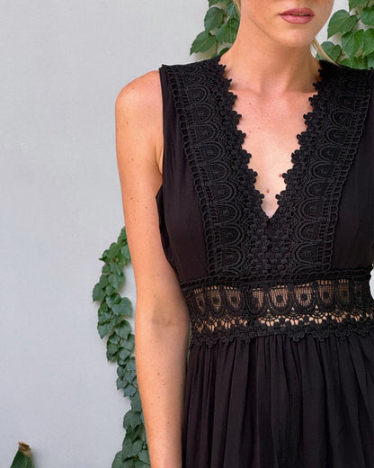 Elegant lace midi dress with V neck and open back for women | Aurélie