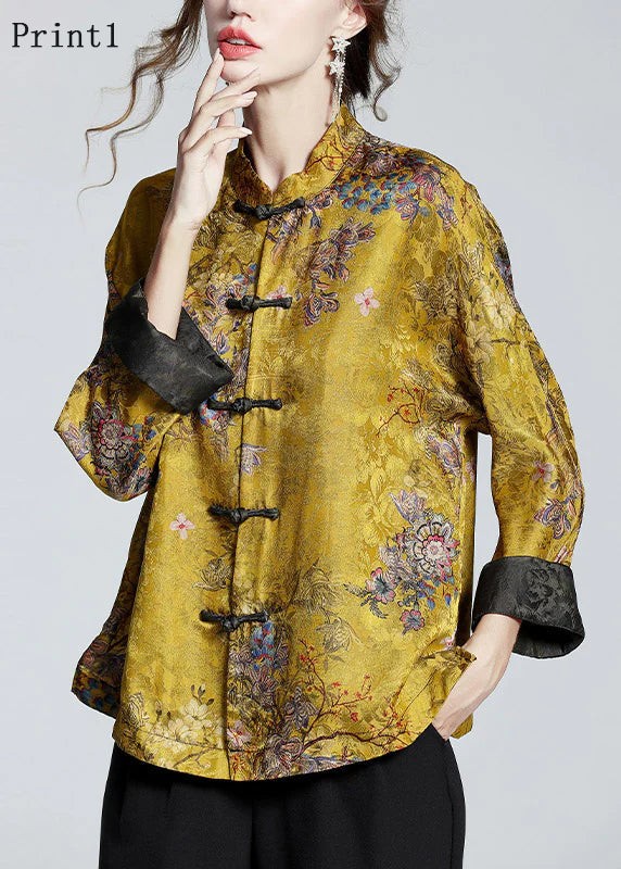 Elegant stand-collar print silk coat for women -4