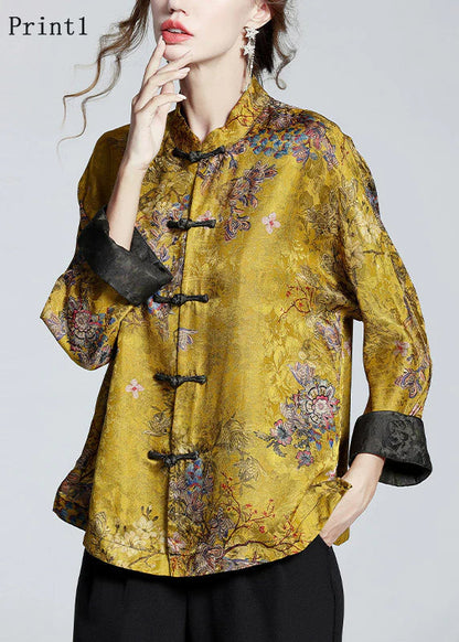 Elegant stand-collar print silk coat for women -4