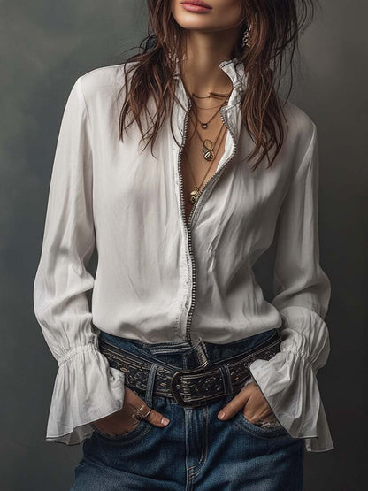 Elegant zip-front flounce-cuff blouse for women -1