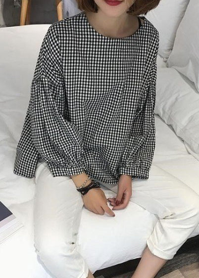 Plaid asymmetric plus-size cotton blouse for women -1
