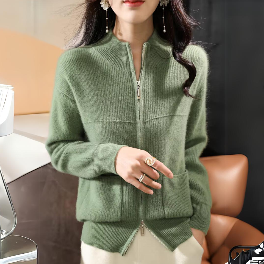 Soft knit zip-up sweater with high neckline for women | Catherine Vale