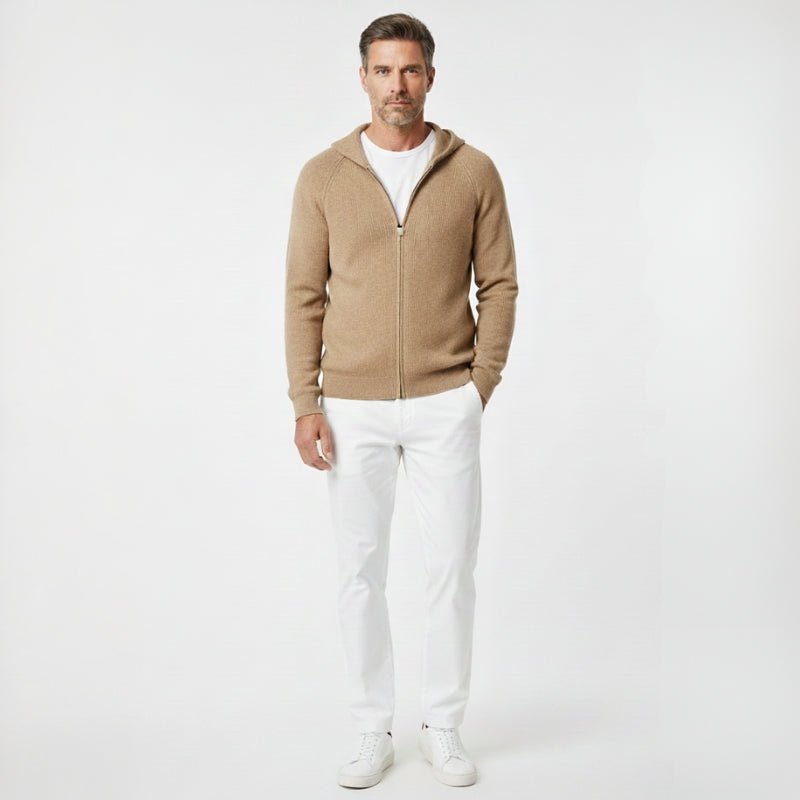 Lightweight full zip knit hoodie with ribbed trim for men | Orvane