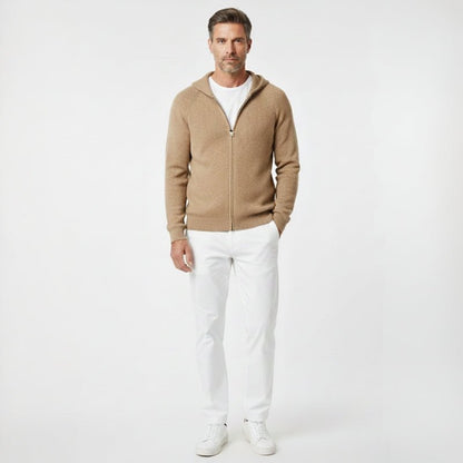 Lightweight full zip knit hoodie with ribbed trim for men | Orvane