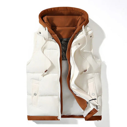 Hooded puffer gilet with zip front and contrast detail for men | Aspen