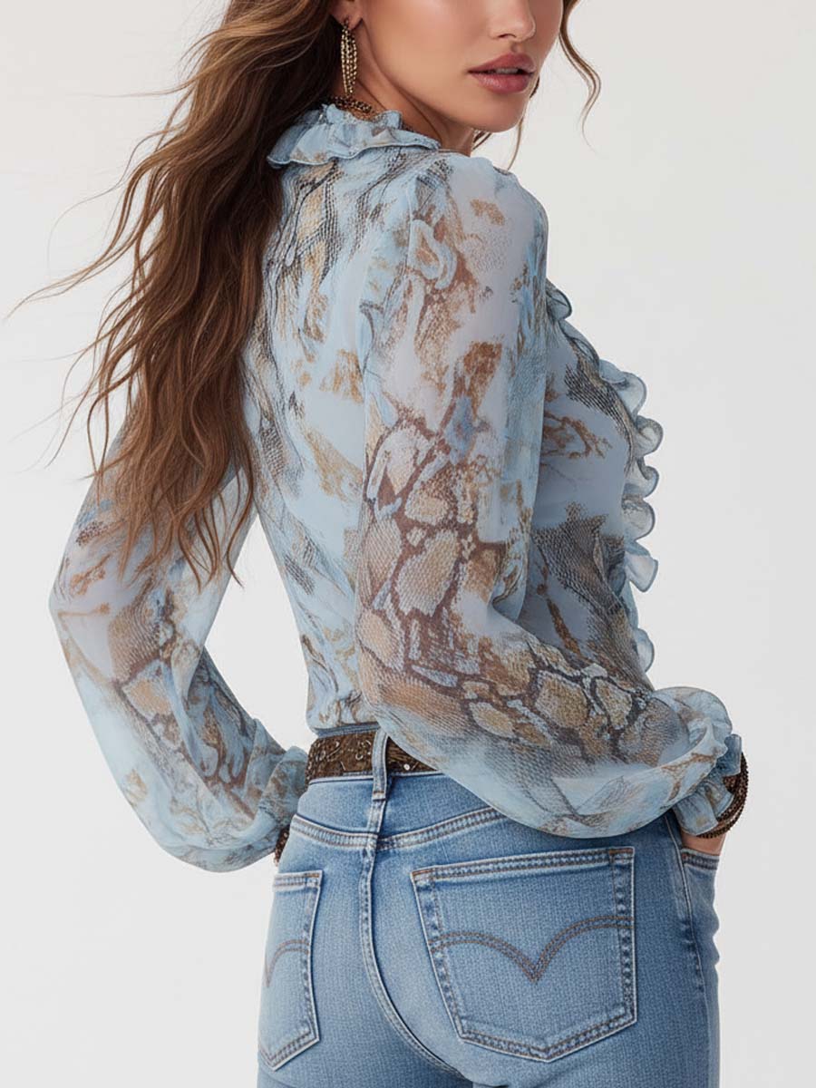 Ruffled zip-front print chiffon blouse for women -2