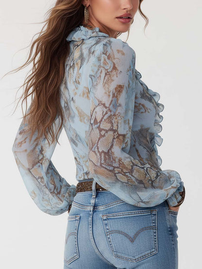 Ruffled zip-front print chiffon blouse for women -2