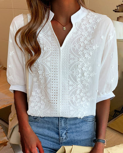V-neck puff-sleeve patchwork blouse for women | Amélie -1