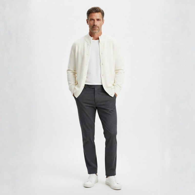 Refined button front knit jacket with ribbed detailing for men | Caelric