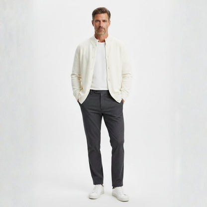 Refined button front knit jacket with ribbed detailing for men | Caelric