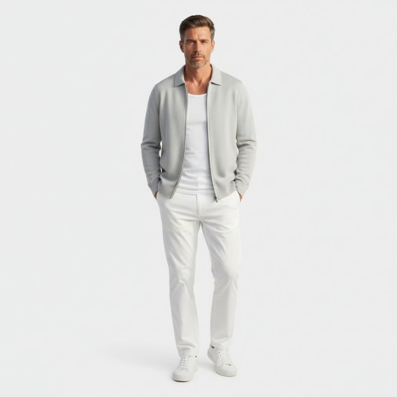 Refined zip up knit jacket with structured collar for men | Valenor