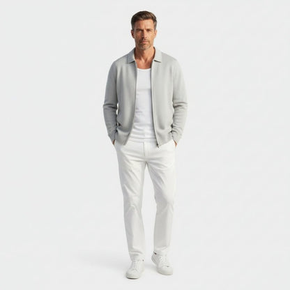Refined zip up knit jacket with structured collar for men | Valenor
