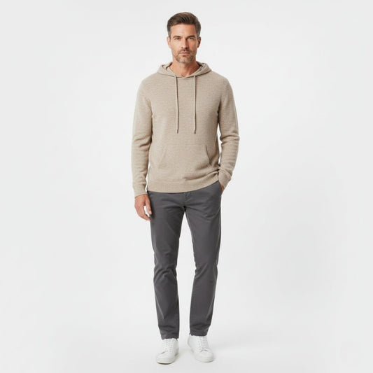 Tailored fit knit hoodie with ribbed detailing for men | Arvion