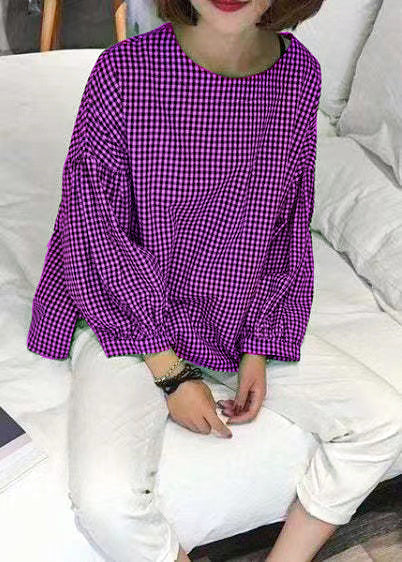Plaid asymmetric plus-size cotton blouse for women -9