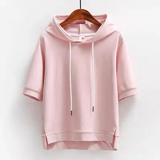 Short sleeve hooded top with relaxed boxy silhouette for women | Maison