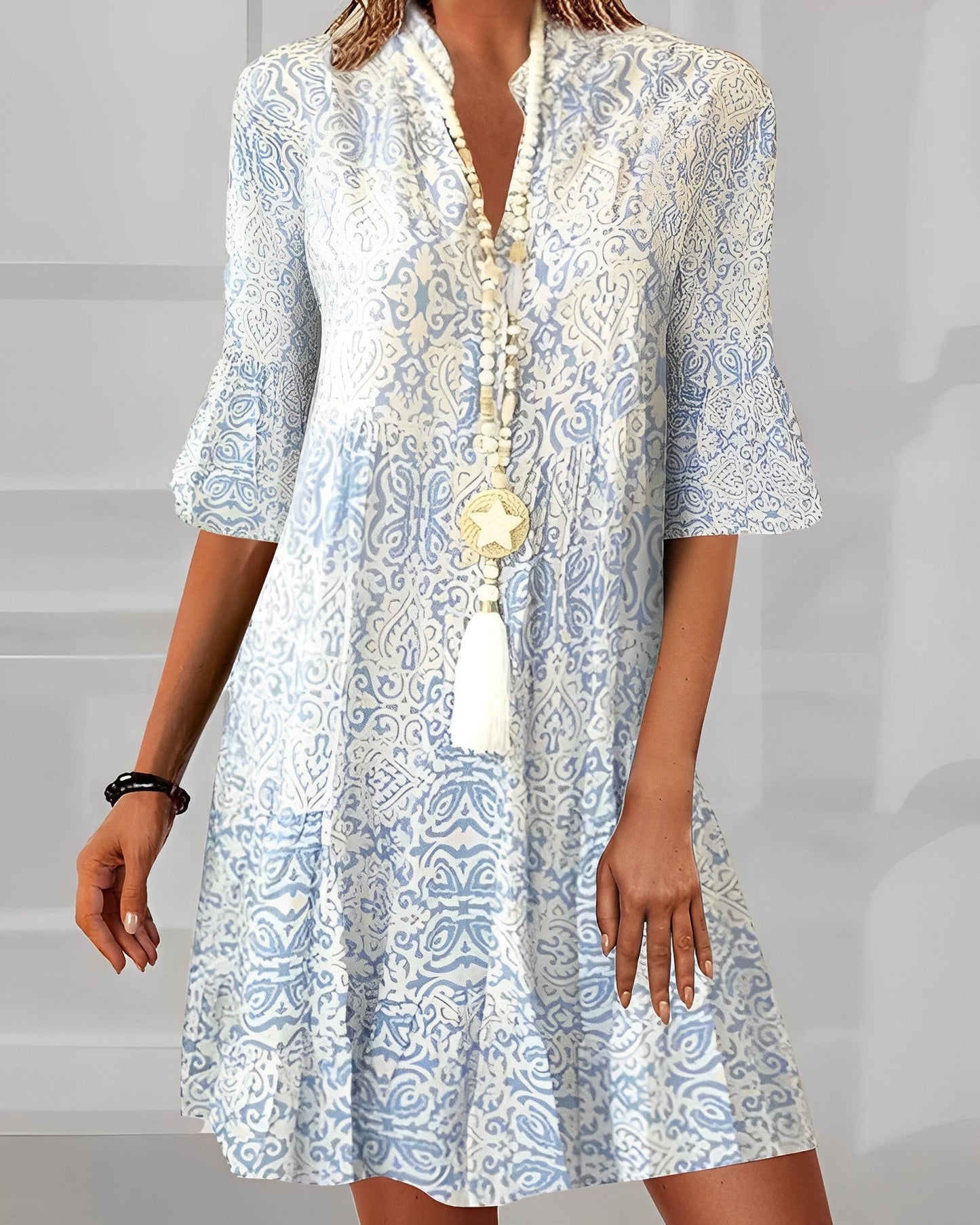 Boho print tunic dress with flared sleeves for women | Solene